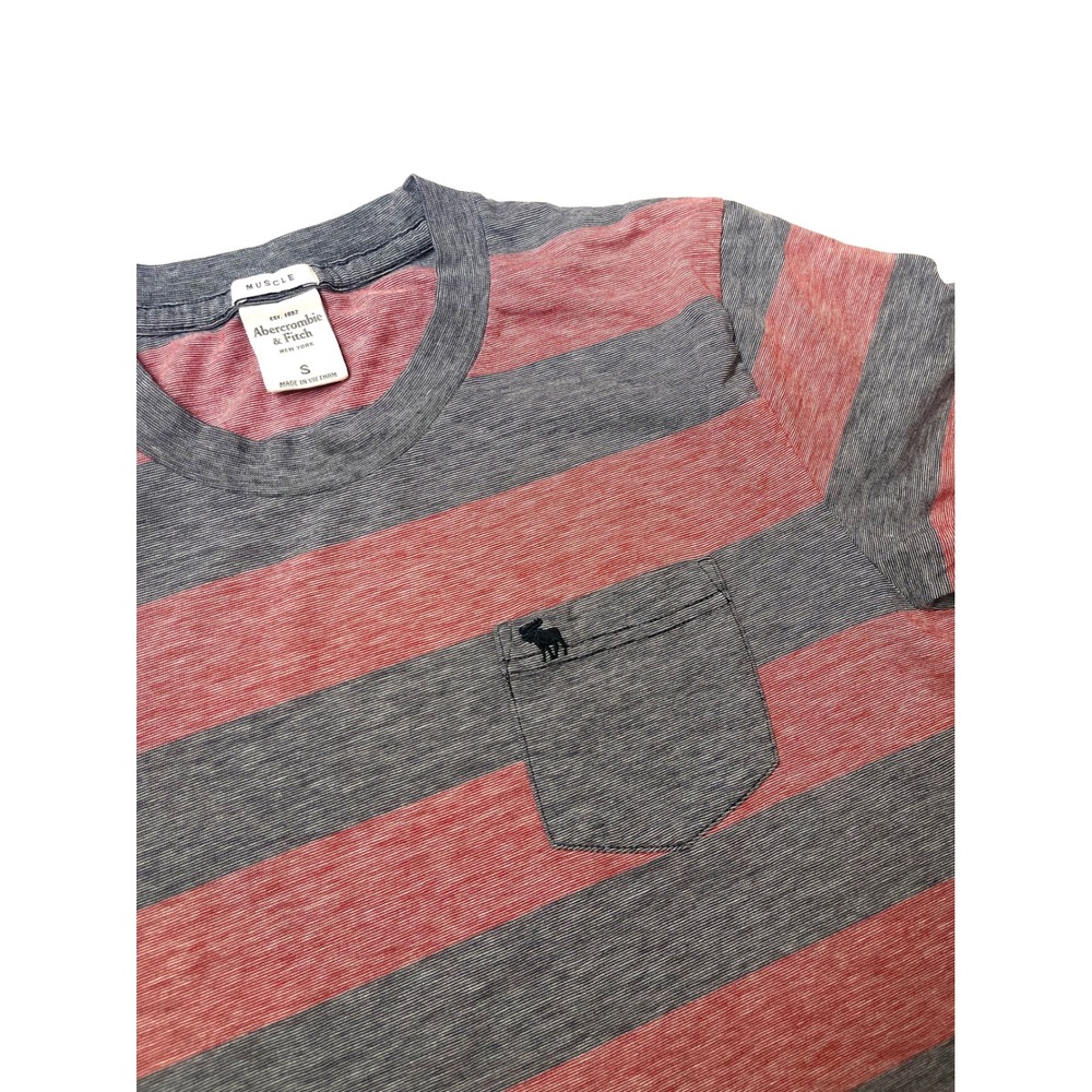Abercrombie & Fitch Mens Muscle Cut Striped Pocket Tee Red Grey Small 0353